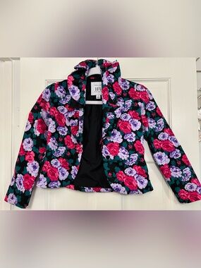 Janie and Jack HFR Floral Ruffle Collar Jacket - Black w/ Pink & Purple Flowers